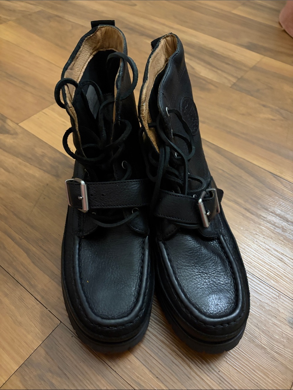 Ralph Lauren Black Leather Lace-Up Ankle Boots with Buckle